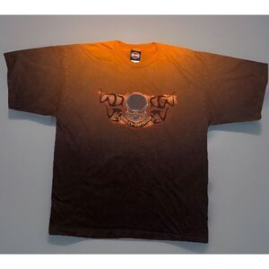 Y2K‎ Harley Davidson XL Shirt Skull Flames Orange Single Stitch USA Crow River